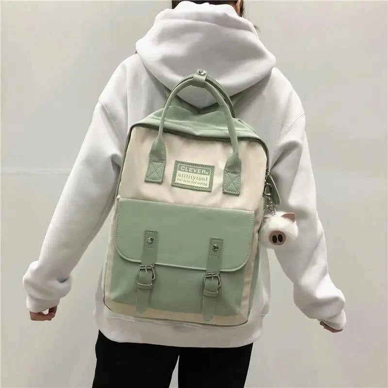 Stevvex nylon school backpack in beige with mint front pocket patch label plush keychain on Tampa Home & Garden Store