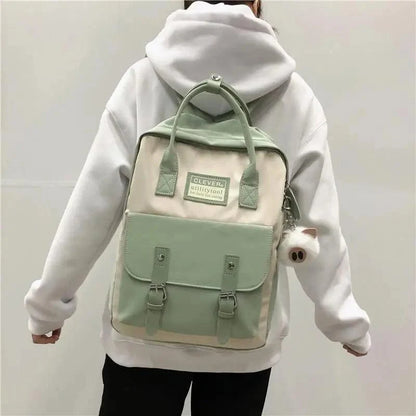 Stevvex nylon school backpack in beige with mint front pocket patch label plush keychain on Tampa Home & Garden Store