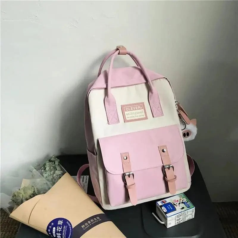 School backpack Stevvex nylon candy color waterproof pink cream patchwork with front buckles on Tampa Home & Garden Store