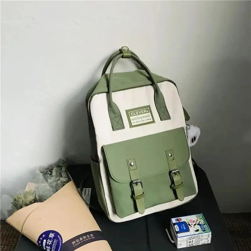 School backpack Stevvex nylon waterproof with white body and olive green pocket on Tampa Home & Garden Store