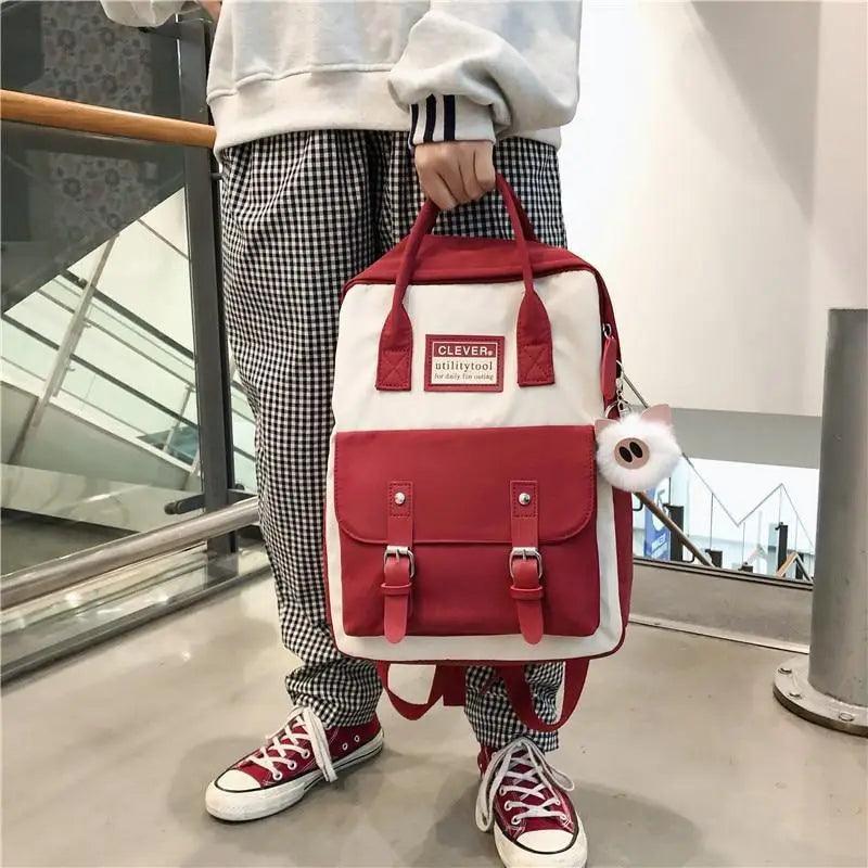 Stevvex nylon candy-color waterproof school backpack with red front pocket patchwork for teens on Tampa Home & Garden Store