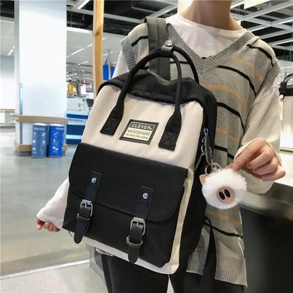Stevvex nylon waterproof school backpack with beige body and black buckle-front pockets on Tampa Home & Garden Store