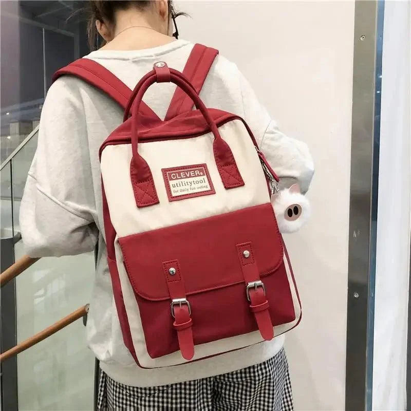 Stevvex nylon candy color school backpack beige body red front pockets with two buckle straps on Tampa Home & Garden Store