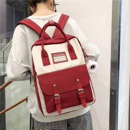 Stevvex nylon candy color school backpack beige body red front pockets with two buckle straps on Tampa Home & Garden Store