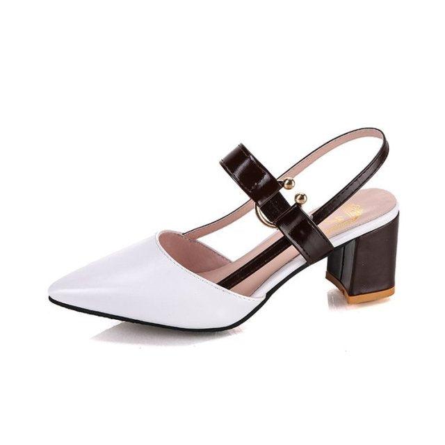 Stevvex white pointed toe sandal with black double straps and low block heel on Tampa Home & Garden Store