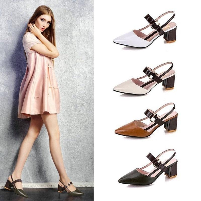 Stevvex Sandals pointed toe low-heel mules in white and beige; model wearing pink dress on Tampa Home & Garden Store