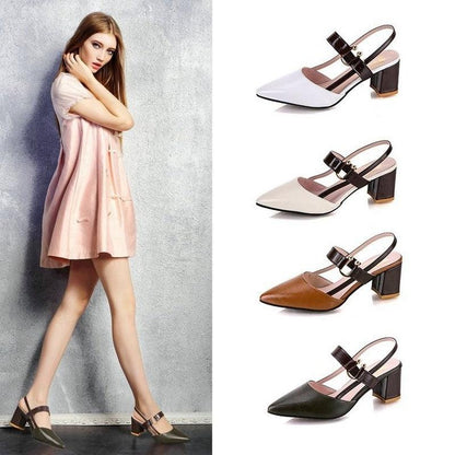 Stevvex Sandals pointed toe low-heel mules in white and beige; model wearing pink dress on Tampa Home & Garden Store
