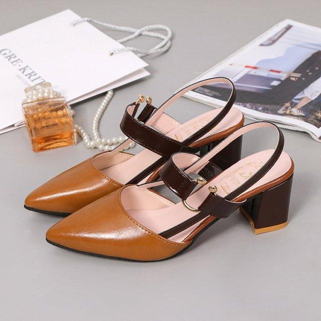 Stevvex elegant office sandals tan pointed-toe with brown strap and gold buckle, block heel on Tampa Home & Garden Store