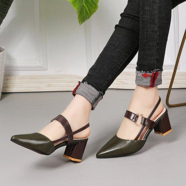 Stevvex slingback sandals with olive pointed toe, brown strap, and chunky block heel on Tampa Home & Garden Store