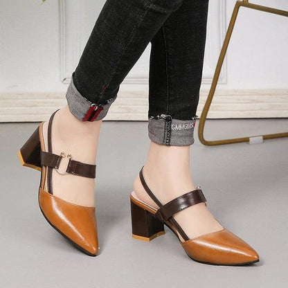 Stevvex women's two-tone pointed toe sandal with ankle strap and block heel tan on Tampa Home & Garden Store