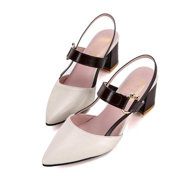 Stevvex elegant office sandals pair with cream pointed toe and black strap low block heel on Tampa Home & Garden Store