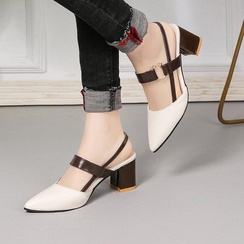 Stevvex elegant sandals white pointed-toe mule with brown straps and block heel on Tampa Home & Garden Store