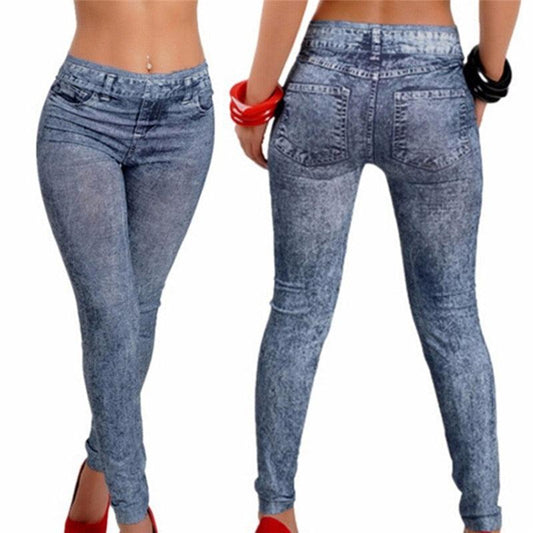 Stevvex denim-look leggings with pockets, blue wash, stretch slim fit, two models on Tampa Home & Garden Store