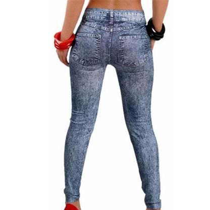 Stevvex Leggings denim-look blue acid-wash with back pockets, slim fit on Tampa Home & Garden Store