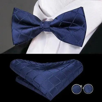 Navy silk butterfly bow tie pocket square cufflinks 3-piece set by Stevvex on Tampa Home & Garden Store