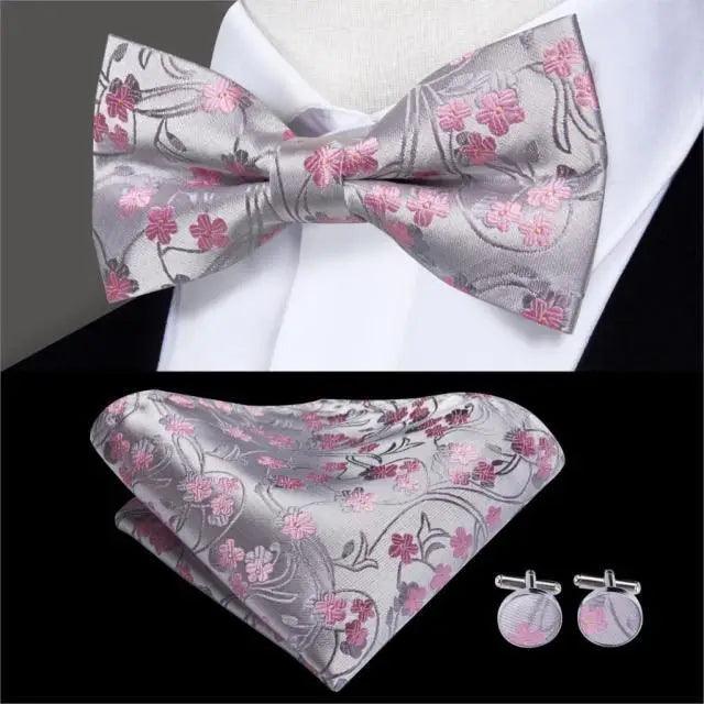 Elegant silk butterfly bow tie with pink floral motif by Stevvex pocket square & cufflinks on Tampa Home & Garden Store