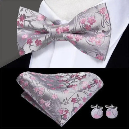 Elegant silk butterfly bow tie with pink floral motif by Stevvex pocket square & cufflinks on Tampa Home & Garden Store