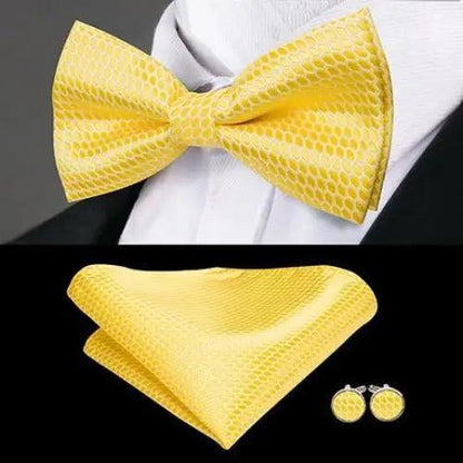 Stevvex yellow butterfly bow tie set with pocket square and cufflinks, silk neckwear on Tampa Home & Garden Store