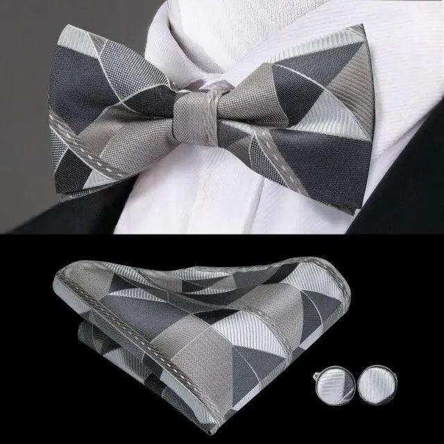 Three-piece silk butterfly bow tie set with gray geometric pocket square and cufflinks by Stevvex on Tampa Home & Garden Store