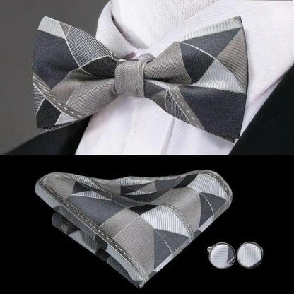 Three-piece silk butterfly bow tie set with gray geometric pocket square and cufflinks by Stevvex on Tampa Home & Garden Store