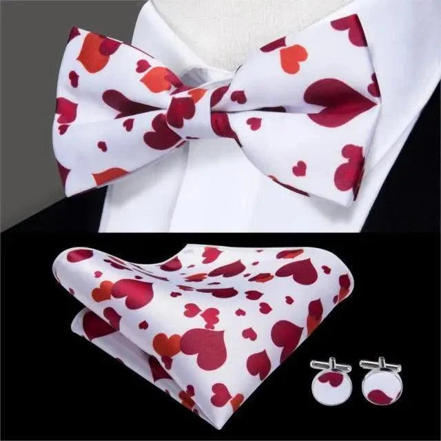 Stevvex (3-piece) bow tie set with pocket square and cufflinks in white with red heart print on Tampa Home & Garden Store