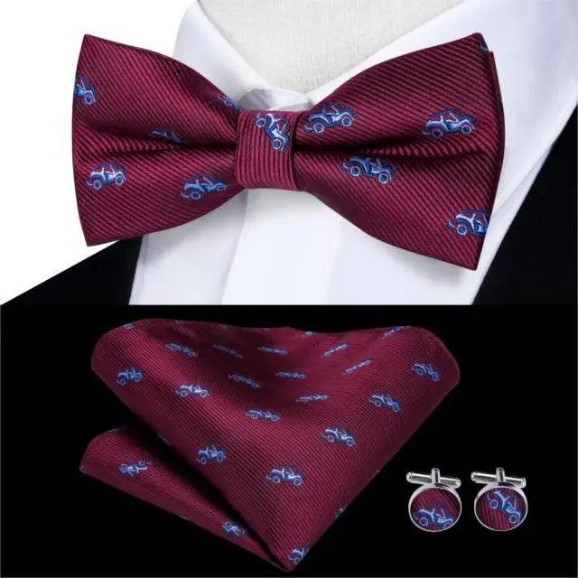 Elegant burgundy silk butterfly bow tie set with pocket square and cufflinks, blue car motif on Tampa Home & Garden Store