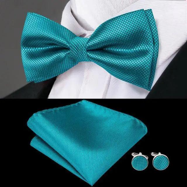 Stevvex Elegant Silk Butterfly Bow Tie Set with Teal Silk Pocket Square and Cufflinks for Men on Tampa Home & Garden Store