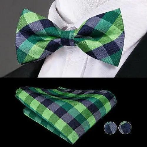 Silk plaid bow tie set with pocket square and cufflinks in green and navy plaid by Stevvex on Tampa Home & Garden Store