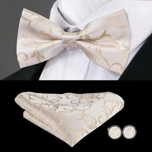 Cream silk butterfly bow tie, three-piece set with pocket square and cufflinks, Stevvex on Tampa Home & Garden Store