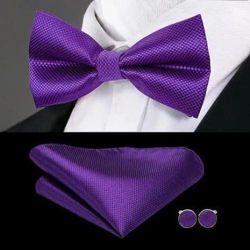 Purple silk butterfly bow tie three-piece set with pocket square and cufflinks by Stevvex on Tampa Home & Garden Store