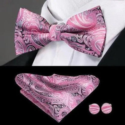 Stevvex silk butterfly bow tie set with pink paisley pattern, pocket square and cufflinks on Tampa Home & Garden Store