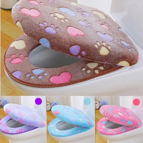 Toilet seat cover set Stevvex plush brown with multicolor paw prints and hearts waterproof on Tampa Home & Garden Store
