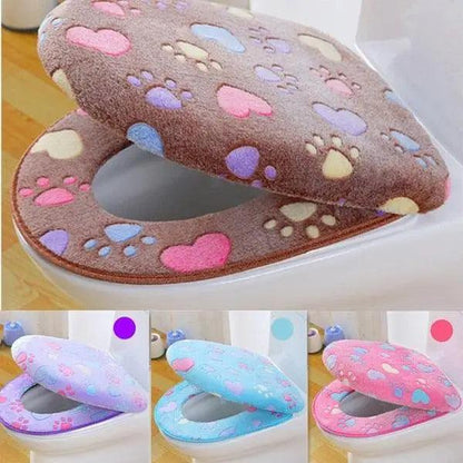 Toilet seat cover set Stevvex plush brown with multicolor paw prints and hearts waterproof on Tampa Home & Garden Store