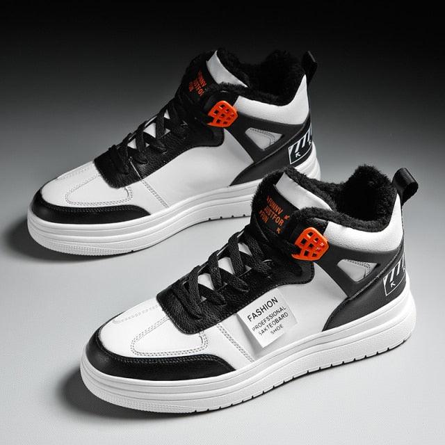 Stevvex high-top platform sneakers white and black leather; orange eyelets on Tampa Home & Garden Store