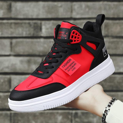 Stevvex men's high-top platform sneaker in red and black leather with white sole on Tampa Home & Garden Store