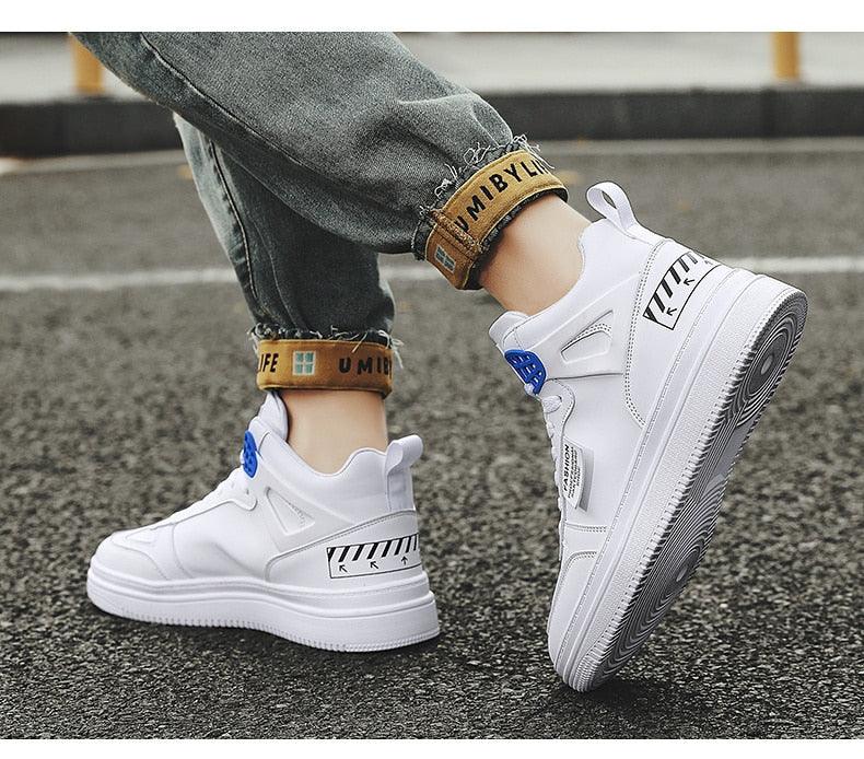 Elegant Sport men's white high-top sneakers with vulcanized leather and blue accents on Tampa Home & Garden Store