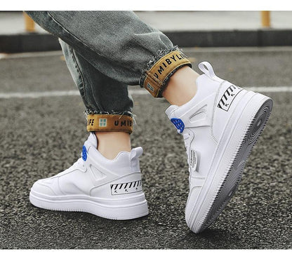 Elegant Sport men's white high-top sneakers with vulcanized leather and blue accents on Tampa Home & Garden Store