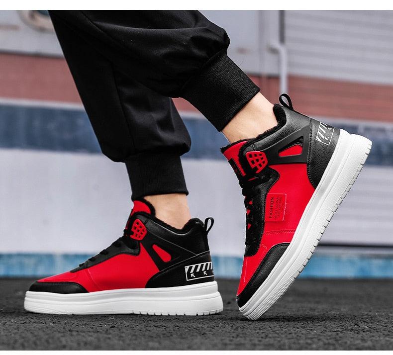 Stevvex red and black leather high-top platform sneaker with white sole and lace-up on Tampa Home & Garden Store