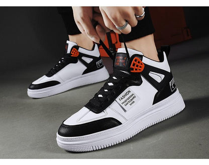 Stevvex men's high-top platform sneakers, white with black overlays, lace-up, orange vent accent on Tampa Home & Garden Store