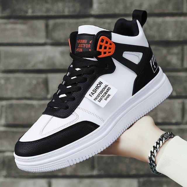 Stevvex men's high-top platform leather sneaker in white and black with orange accents, lace-up on Tampa Home & Garden Store