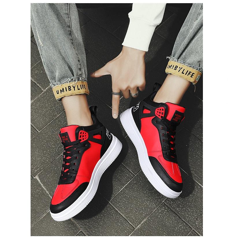 Stevvex men's red and black leather high-top sneakers with white platform sole on Tampa Home & Garden Store