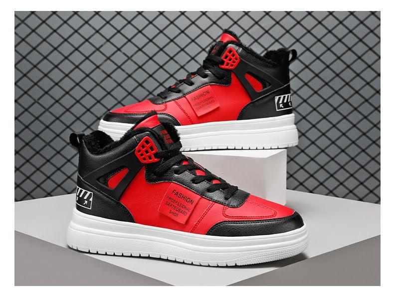 Stevvex red black leather high-top platform sneakers pair with white vulcanized sole on Tampa Home & Garden Store