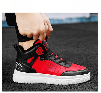 Stevvex men's red and black high-top platform sneaker in leather with white sole, lace-up on Tampa Home & Garden Store