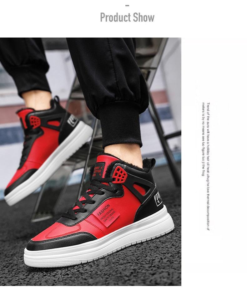 Men's red and black leather high-top platform sneakers by Stevvex, lace-up with white sole on Tampa Home & Garden Store