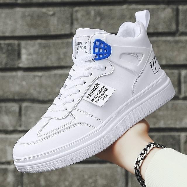 Stevvex white leather high-top platform sneaker with blue lace cage and chunky sole on Tampa Home & Garden Store