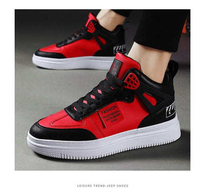 Stevvex red and black leather high-top sneakers with white platform sole lace-up sport fashion on Tampa Home & Garden Store