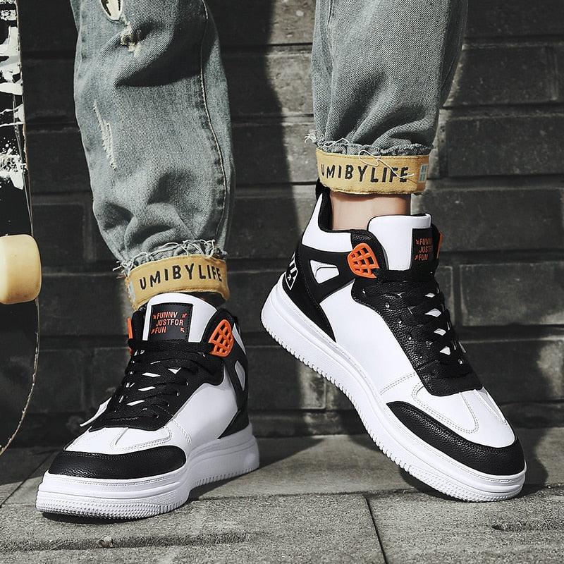 Stevvex white and black leather high-top platform sneakers with orange eyelets and lace-up on Tampa Home & Garden Store