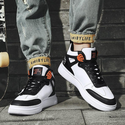 Stevvex white and black leather high-top platform sneakers with orange eyelets and lace-up on Tampa Home & Garden Store