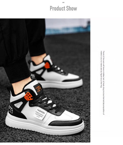 Elegant Sport men's high-top platform sneaker in white and black leather with orange lace lock on Tampa Home & Garden Store