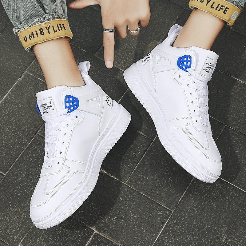 Stevvex white leather high-top platform sneakers, lace-up pair with blue lattice accents on Tampa Home & Garden Store
